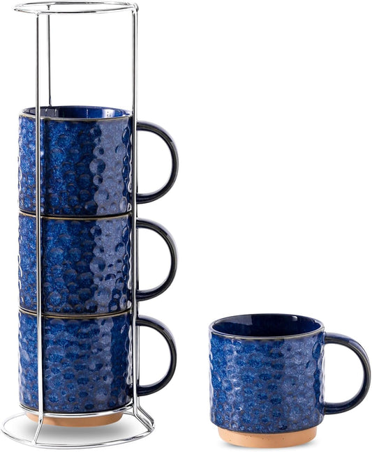 Nihow Ceramic Coffee Mug Set of 4, 16OZ Stackable Coffee Mug Set with Stainless Stand,Large Cup Set for Cappuccino,Tea,Hot/Cold Drinks,Dishwasher & Microwave Safe,Vivid Blue