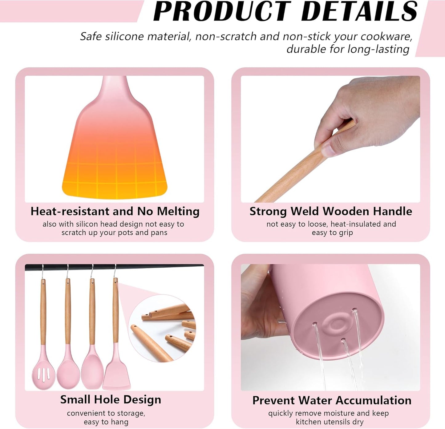 HaWare Kitchen Cooking Utensils Set, 23-Piece Silicone Kitchen Utensils Spatula Set with Holder, Heat Resistant Wooden Handle Kitchen Gadget for Nonstick Cookware, Food-grade Turner Spoon Sets (Pink)