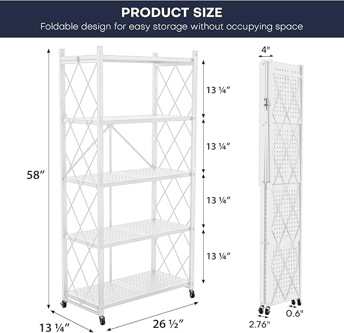 Lifetime Home 5-Tier Foldable Storage Shelf with Wheels - Metal Rack Collapsible Shelving Unit Display, Rolling Cart for Books Kitchen Storage Shelves, Pantry & Closet Organizer, Office Room Decor
