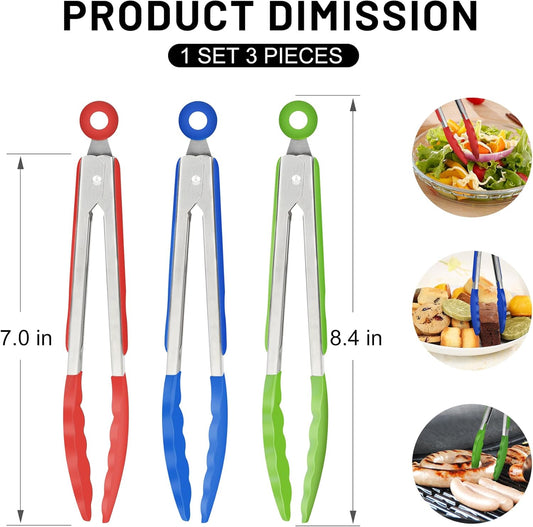 Hotec Mini Silicone Kitchen Tongs for Cooking - 7-Inch Small Serving Tongs with Silicone Tips, Set of 3 (Red,Blue,Green)