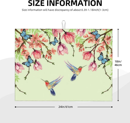 Bird Floral Flowers Dish Drying Mat for Kitchen Counter, 18"x24" Microfiber Absorbent Fast Dry Mat, 2Pcs Dish Mat Faucet Mats Sets, Large Drying Kitchen Mat Kitchen Drying Pad Coffee Bar Decor Gifts