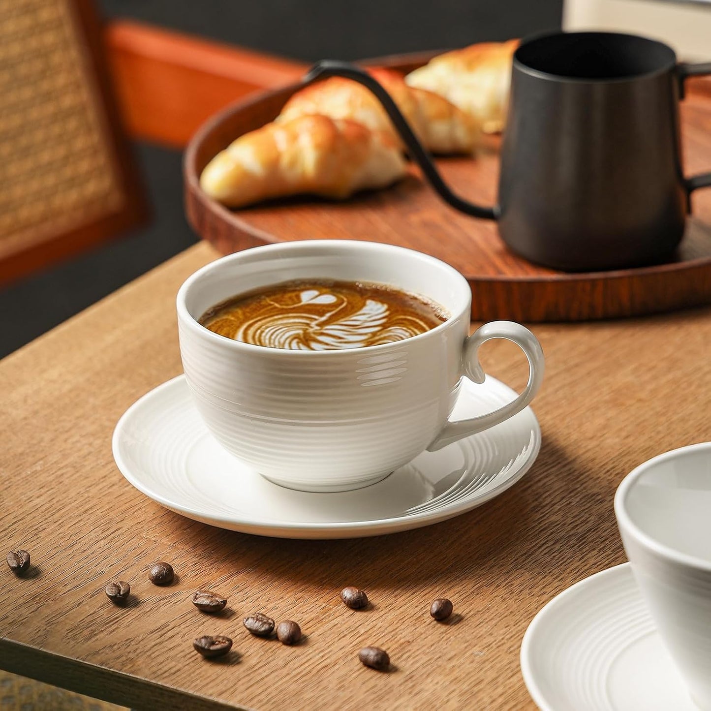 12 oz Cappuccino Cups with Saucers, Ceramic Espresso Coffee Cups Set of 4, White Latte Cup and Saucer, Elegant Tea Mugs Set, Microwave Dishwasher Safe Drinkware for Cafe, Housewarming Gift