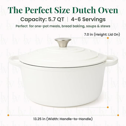 Larder & Vine Enameled Cast Iron 5.7qt Dutch Oven Pot with Lid | Bread Baking | Compatible on All Cooktops & Oven Safe to 500° F | Great for Sourdough Bread | White