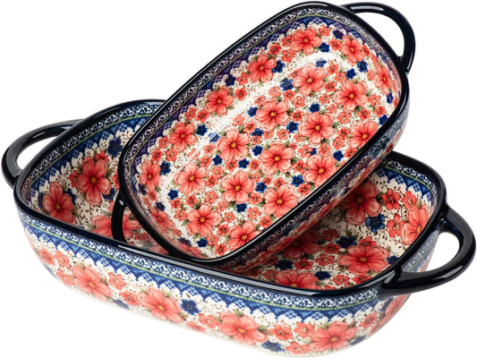 Baking Dish Ceramic Baking Pan Blue Casserole Dish Porcelain rectangular Baking Set 2pcs Bakeware Sets Lasagna Pan Baking Dishes for oven(Pum flower)