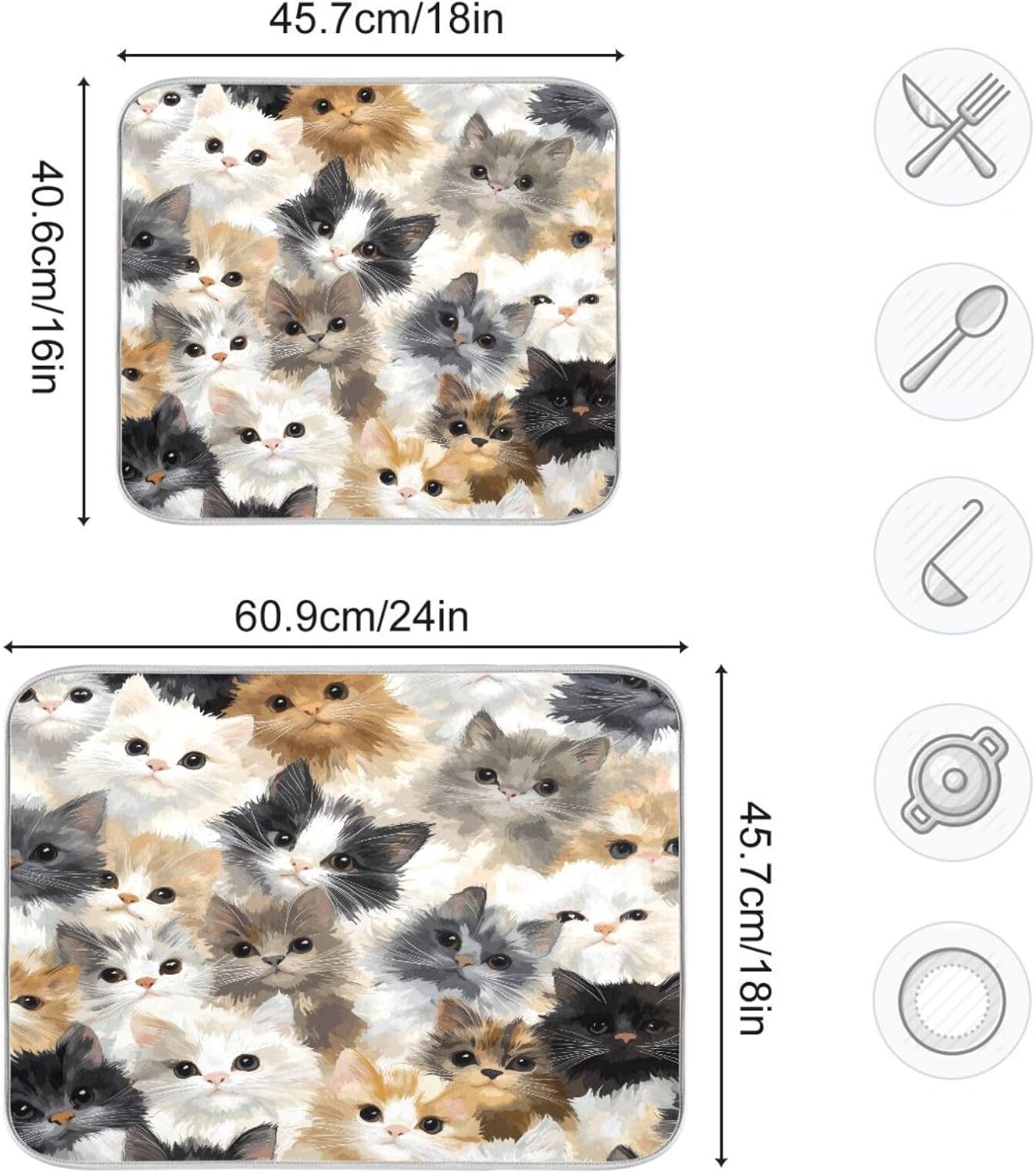 Cat Faces Pattern Dish Drying Mat for Kitchen Counter Super Absorbent Dishes Pad Reversible Microfiber Protector Dish Draining Mats 16x18 inch