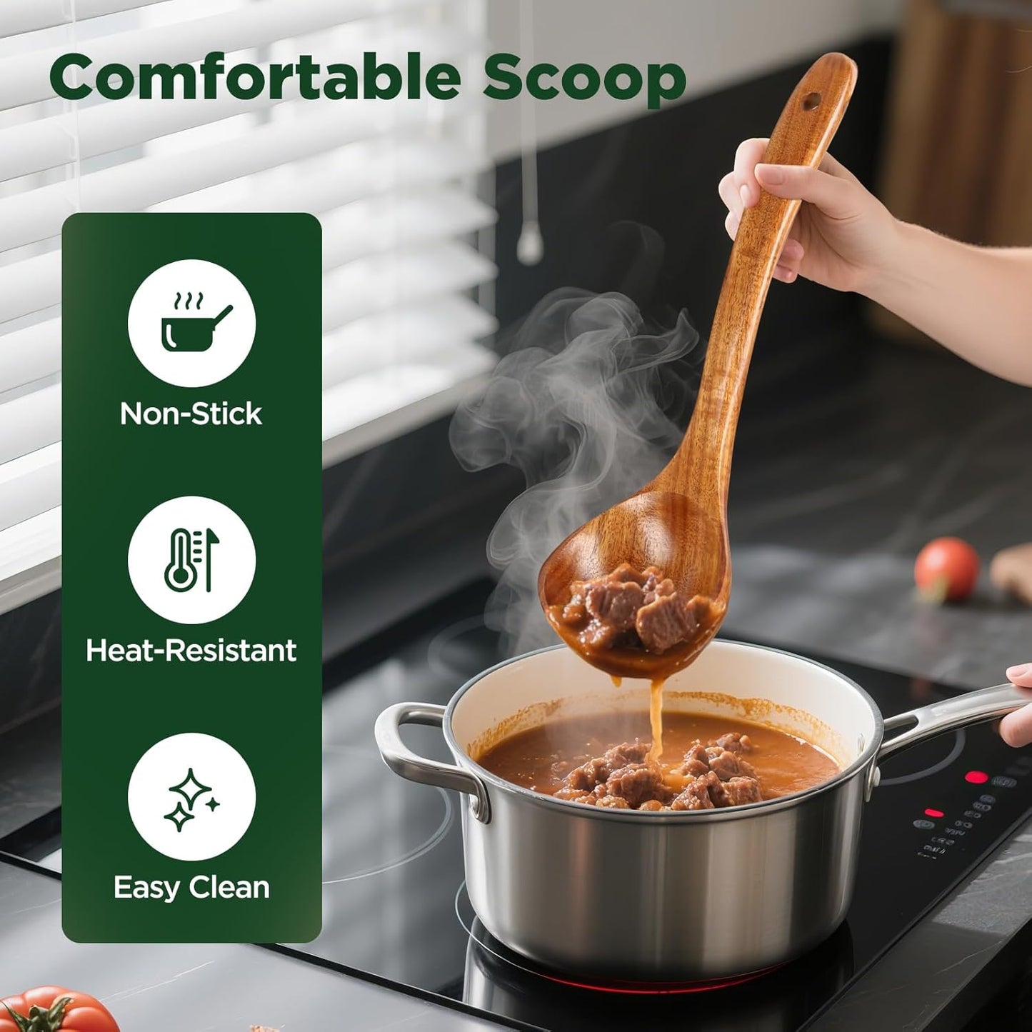 Wooden Spoons for Cooking, Teak Wood Kitchen Utensil Set, Large Soup Ladle and Pasta Slotted Fork Strainer Spoon with Teeth for Cooking Serving Sauce (Ladle and Spaghetti)