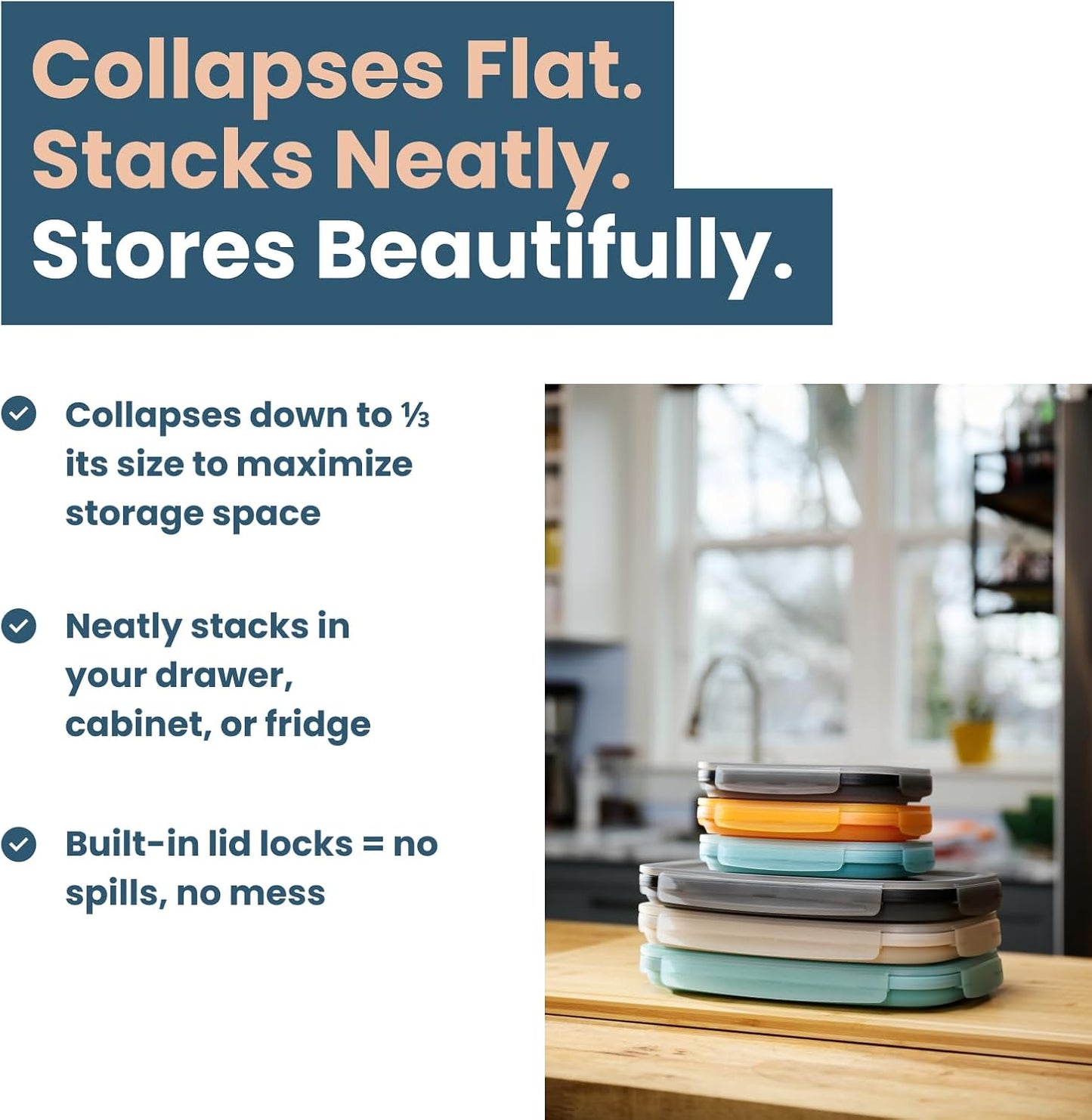 Drip EZ Secondz Collapsible Food Storage Containers (set of 3) - Meal Prep, Leftovers, Lunch, Camping, Hiking - Dishwasher & Microwave Safe - BPA-free Silicone - Locking Lids - Ice Blue