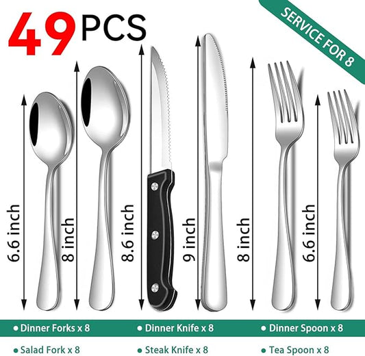49-Piece Stainless Steel Silverware Set with Cutlery Organizer, Service for 8 with Steak Knives and Kitchen Utensils