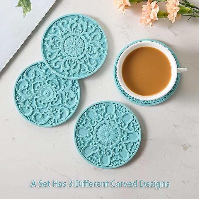 Colinda Silicone Coasters - Set of 6 with Holder, Non-Slip Cup Mats for Hot and Cold Drinks, Decorative Designs, Gift Ready Packaging,Turquoise