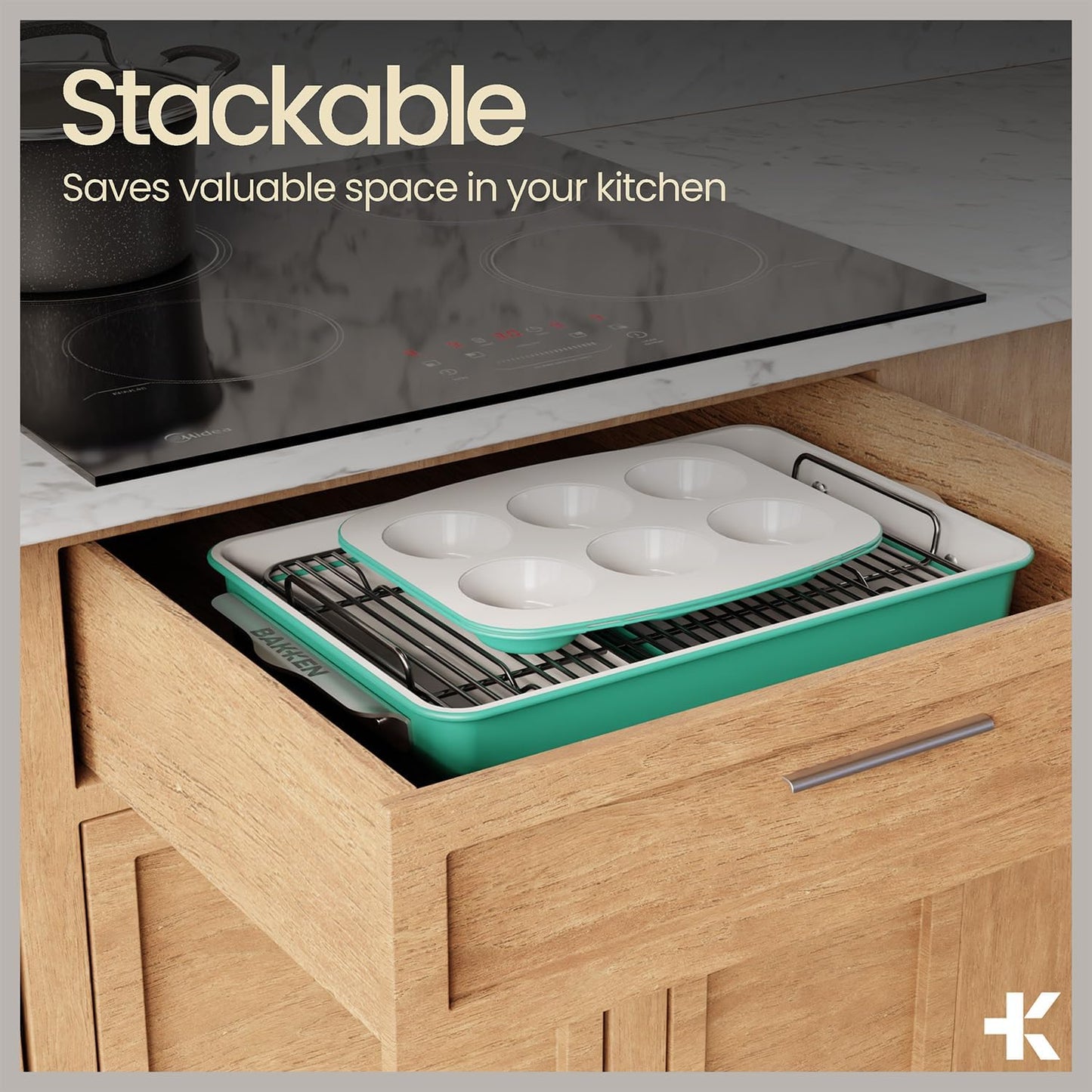 Bakken 8-Piece Stackable Bakeware Set - Ceramic Non-Stick Coating, Baking Sheets, Assorted Baking Pans, PTFE, PFOA & PFOS Free - Healthy Baking, Ergonomic Handles, Cooling Rack, Non-Toxic, Oven-Safe