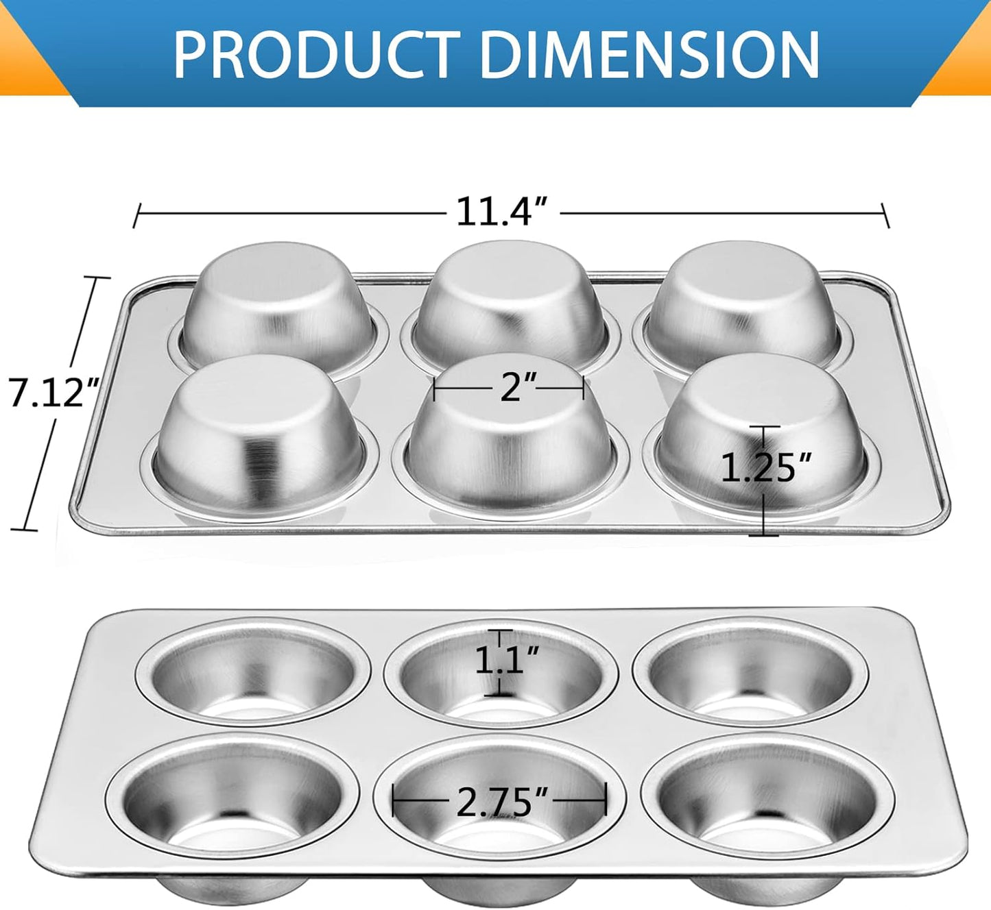 E-far Stainless Steel Muffin Pan, 6-Cup Cupcake Pan Tin for Baking, Metal Muffin Pan Tray Mold, Non-toxic & Healthy, Oven & Dishwasher Safe, Regular Size - 11.44 x 7.12 x 1.25 Inch