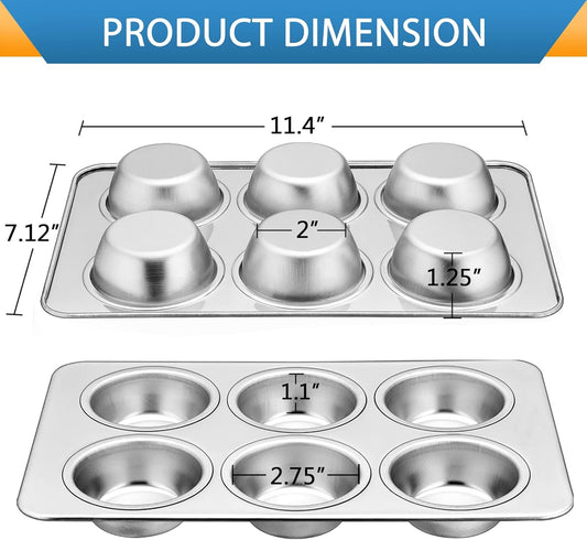 E-far Stainless Steel Muffin Pan, 6-Cup Cupcake Pan Tin for Baking, Metal Muffin Pan Tray Mold, Non-toxic & Healthy, Oven & Dishwasher Safe, Regular Size - 11.44 x 7.12 x 1.25 Inch