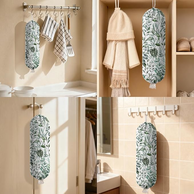 Plant Plastic Bag Holder, Wall Mount Organizer for Reusable Canvas Grocery Bags, Plants Hanging Plastic Bag Dispenser, Green Leaves Shopping Bags Storage Dispenser Decorative Home Kitchen Pantry Decor