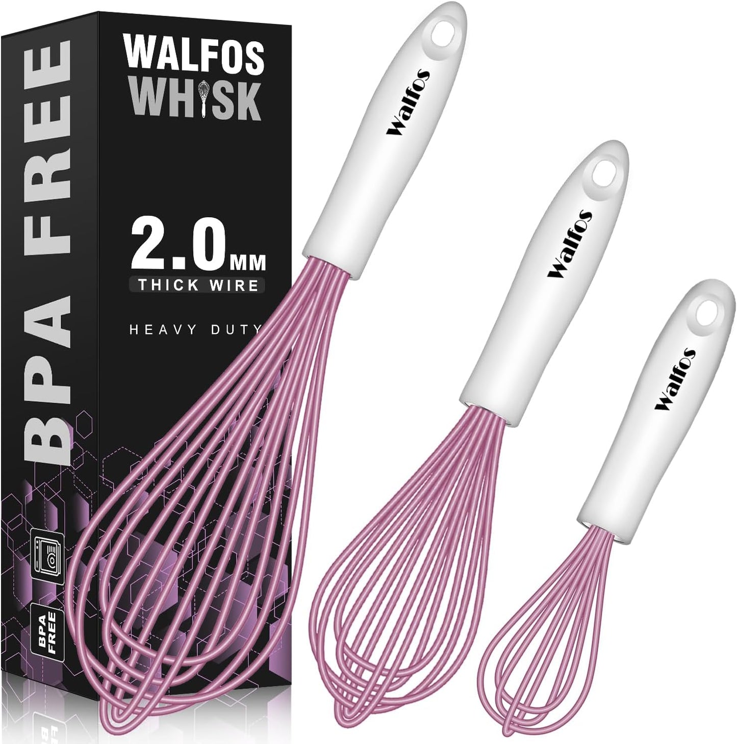 Walfos Whisk, Silicone Whisks for Cooking & Baking Non Scratch Rubber Coated Pink Whisk for Non-stick Wisk, Perfect for Frothing, Blending, Beating and Whisking (3pack Pink)
