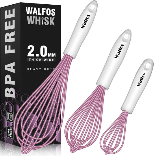 Walfos Whisk, Silicone Whisks for Cooking & Baking Non Scratch Rubber Coated Pink Whisk for Non-stick Wisk, Perfect for Frothing, Blending, Beating and Whisking (3pack Pink)