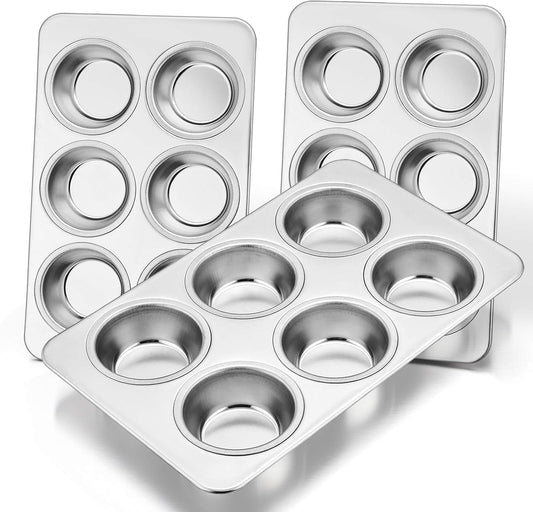 E-far Muffin Pan Set of 3, Stainless Steel Muffin Pan Tin for Baking, 6-Cup Metal Cupcake Pan Tray, Non-toxic & Healthy, Oven & Dishwasher Safe, Regular Size - 11.44 x 7.12 x 1.25 inch