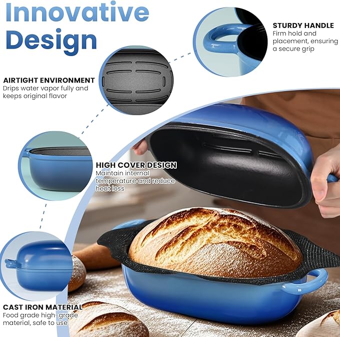 Cast Iron Dutch Bread Oven - 2.5QT Dutch Oven for Sourdough Bread Baking, Cast Iron Bread Loaf Pan with Perforated Non-Stick Silicone Liner, Blue Oval Bread Baking Pan, Gift for Family & Baker