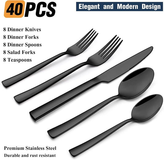 Wildone 40-Piece Black Silverware Set, Stainless Steel Flatware Square Cutlery Set Service for 8, Eating Utensils Include Knife Fork Spoon, Mirror Polished & Dishwasher Safe