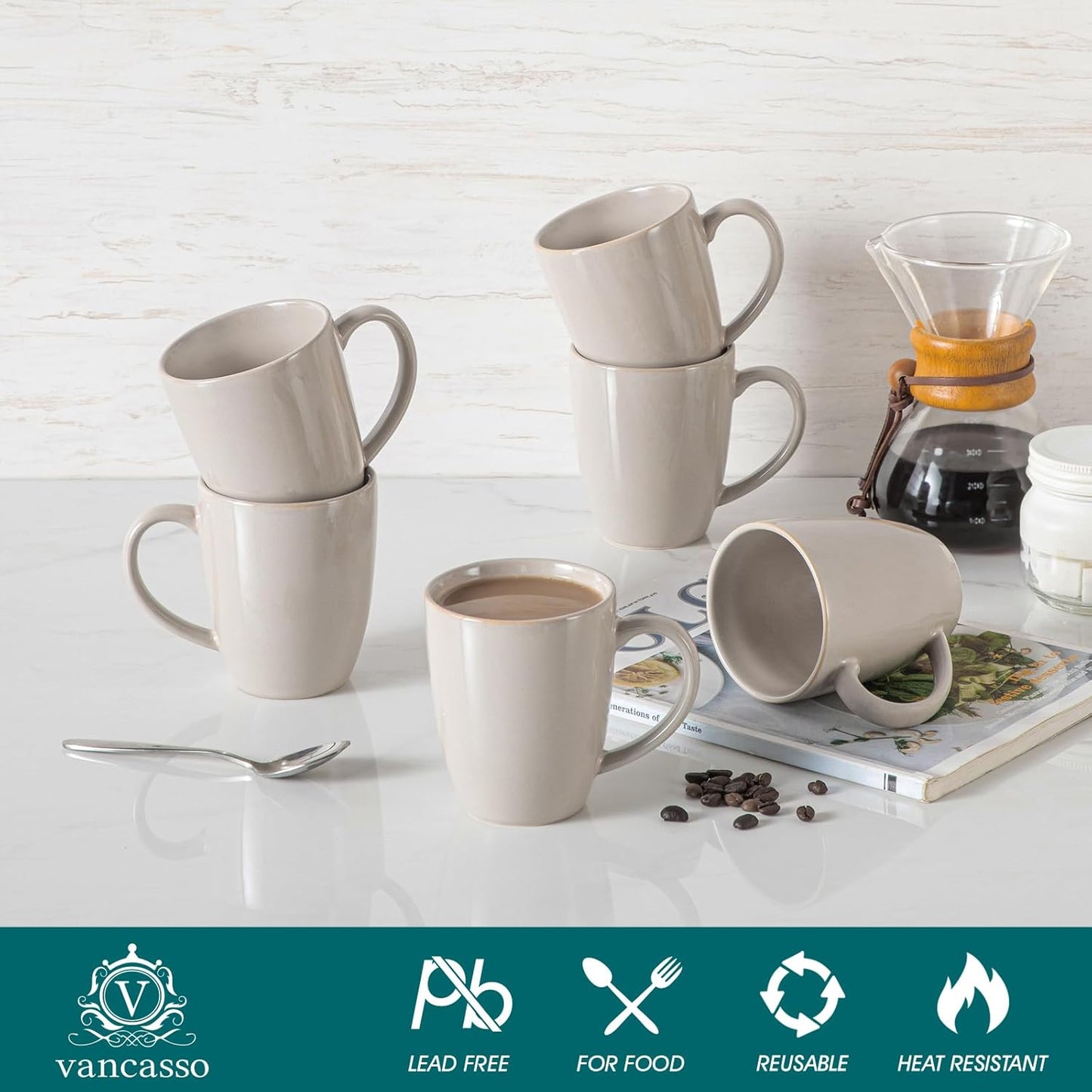 vancasso PLAYA Ceramic Coffee Mug Set of 6, 12 Oz Tea Cups with Handle for Latte, Tea, Cappuccino, Milk, Cocoa, Microwave&Dishwasher Safe, Grey