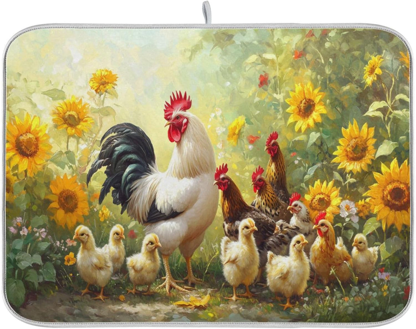Chickens Pattern Dish Drying Mat for Kitchen Counter Super Absorbent Dishes Pad Reversible Microfiber Protector Dish Draining Mats 16x18 inch