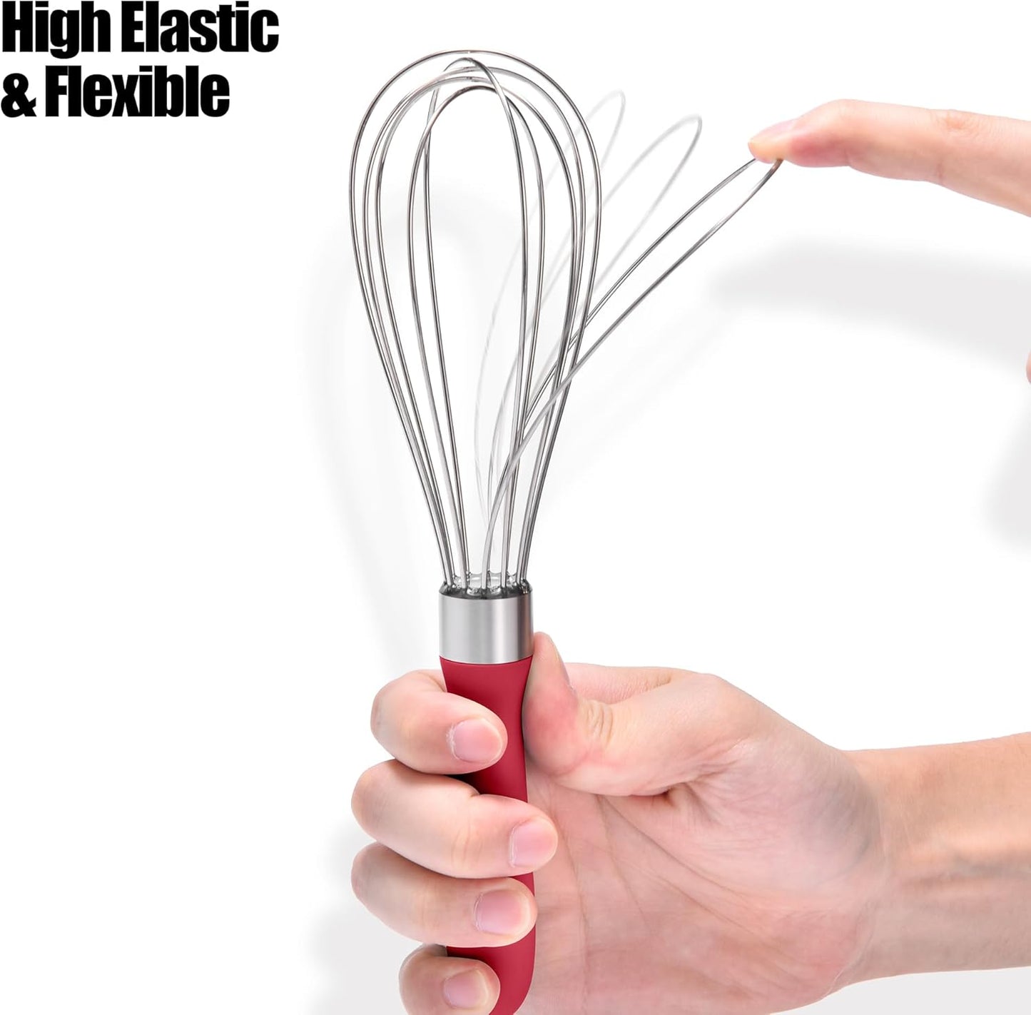 18/8 Stainless Steel Balloon Whisk, Doosu Kitchen Whisk for Cooking Handheld Egg Beater with Rust-Proof Sturdy Wires & Non-Slip Silicone Handle for Beating, Stirring, Blending (6 Wires, Red)