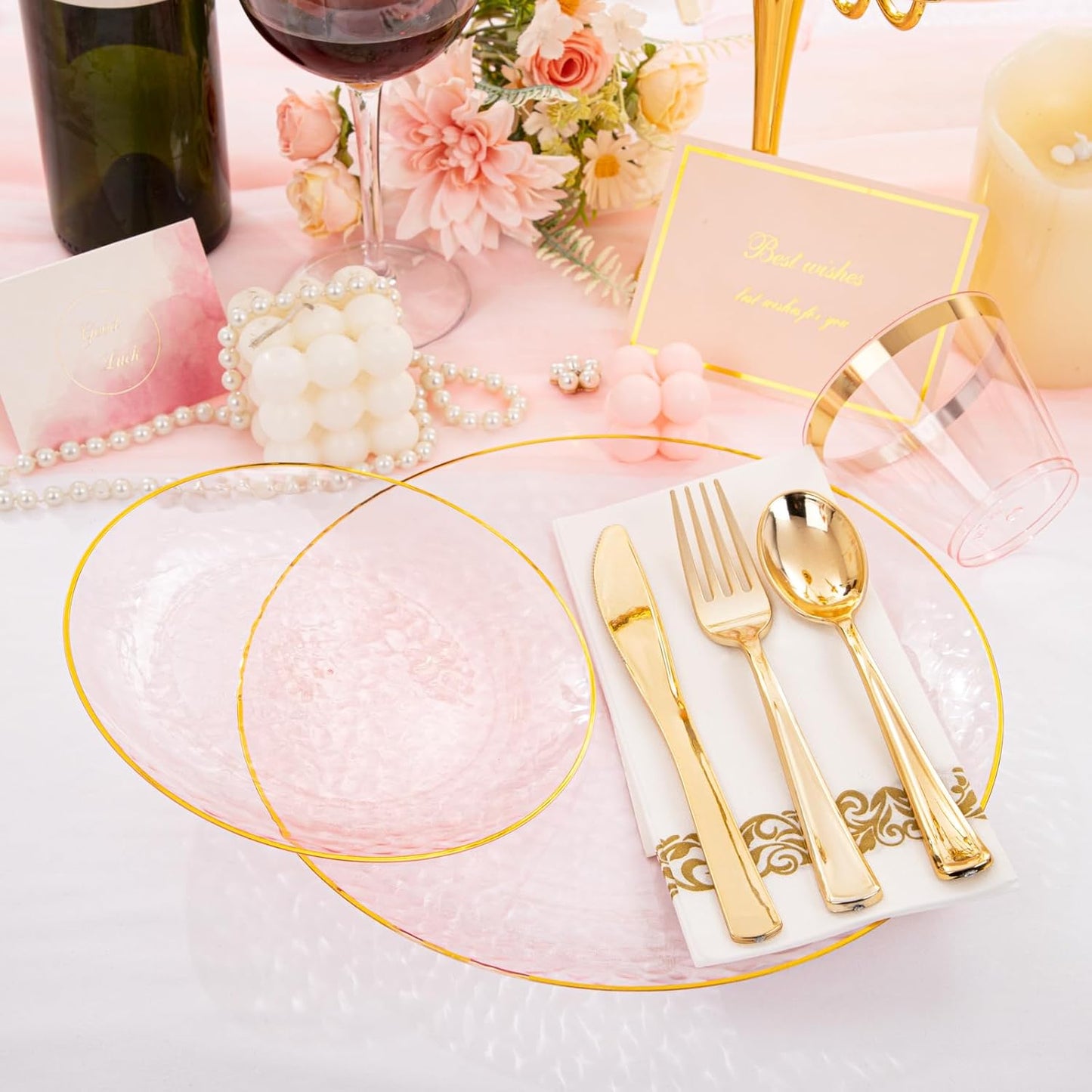 Rubtlamp 350 Pcs Clear Pink Plastic Plates, Pink Gold Plastic Dinnerware Set (50 Guests), Disposable Plates With Gold Rim, Hammered Party Plates Set for Wedding And Party
