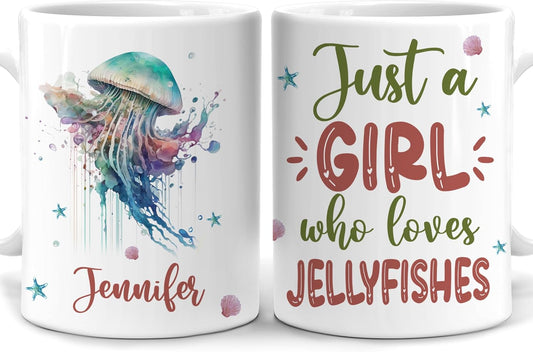 Hyturtle Personalized Gifts Jellyfish Lover - Just A Girl Who Loves Jellyfishes Custom Name Ceramic Coffee Mug Cup 11oz - Idea Cute Sea Animal Lover Gifts For Women, Girl On Birthday, Christmas