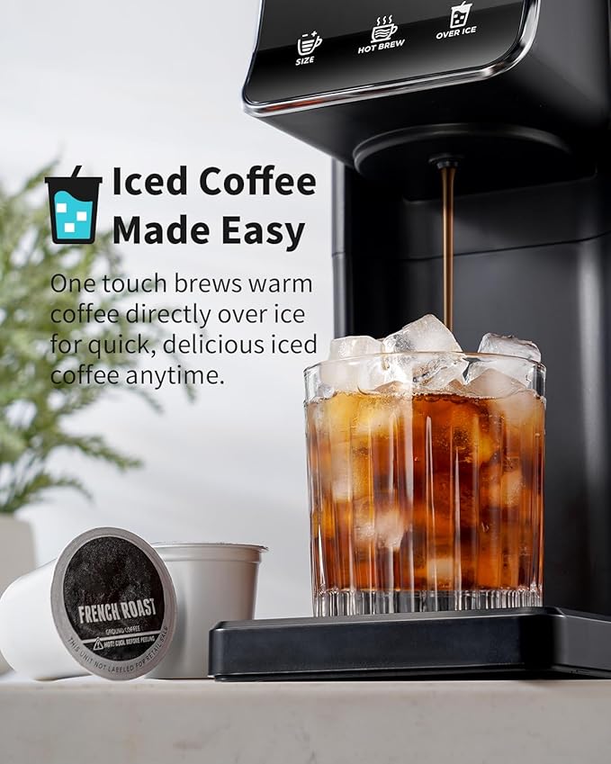 Hot & Iced Single Serve Coffee Maker, K Cup Pod Coffee Maker Compatible with Grounds, Reusable Filter, 6–16oz Brew Sizes, Large 40oz Water Tank, Easy to Use, Black