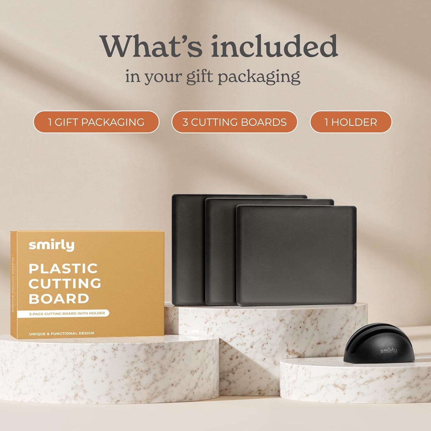 SMIRLY Plastic Cutting Board Set with Holder 3 Pieces, Non-Slip Dishwasher Safe Chopping Boards for Kitchen, Dark Grey