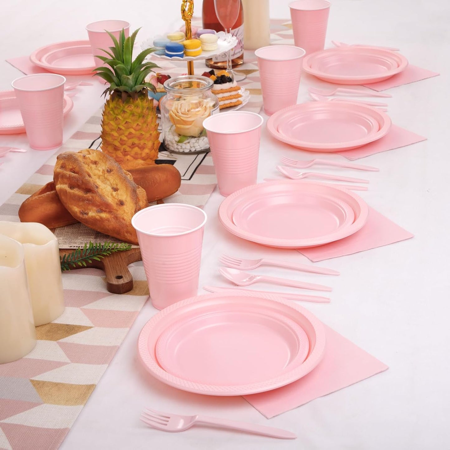 MirthMood 350pcs Pink Party Supplies Set, Disposable Plates Including Pink Plastic Plates, 12OZ Cups, Plastic Cutlery and Paper Napkins Serve 50 Guests for Wedding & Birthday & Party