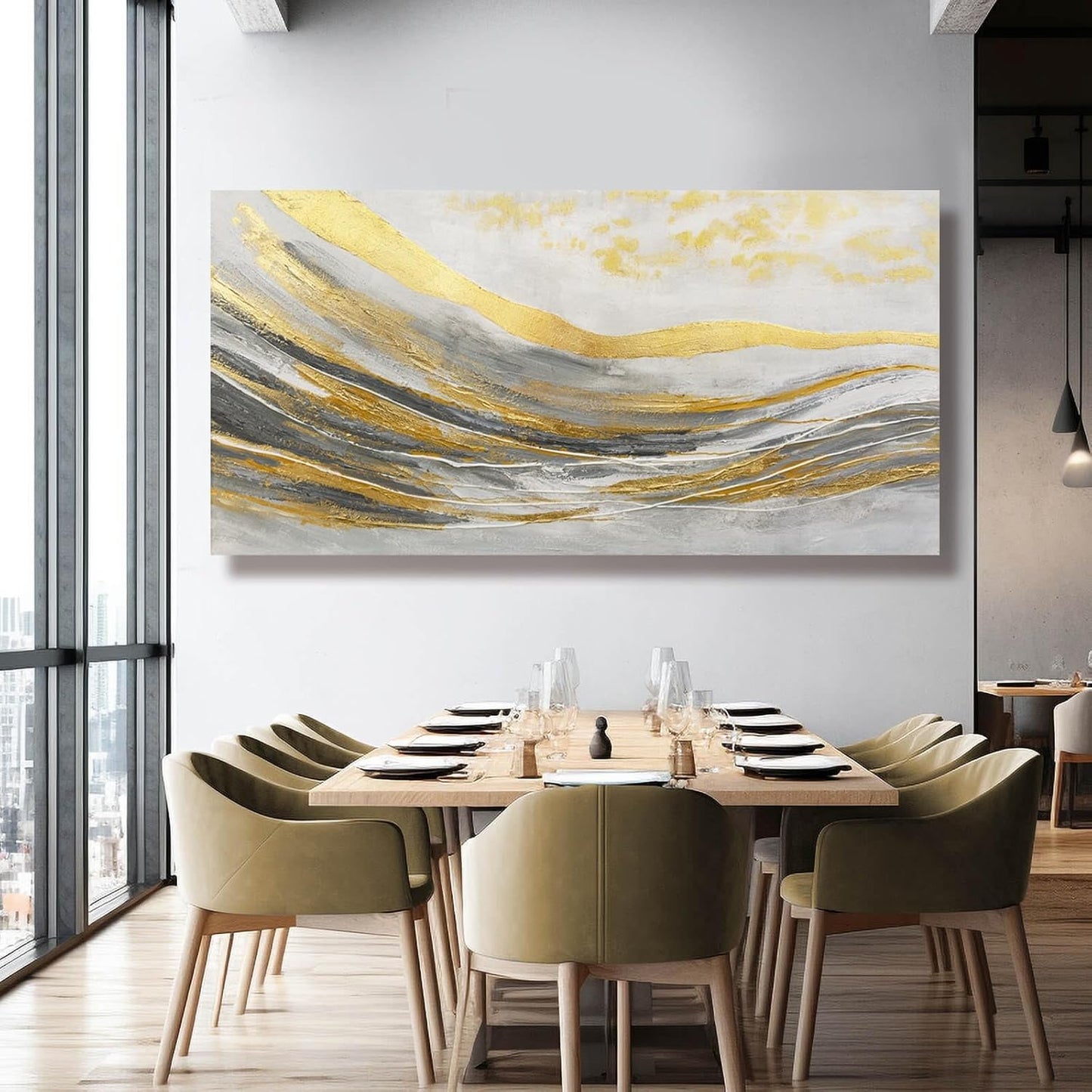White Line Wall Paintings Modern Wall Art Gold Foil Photo Prints 29"x58" Large Dining Room Wall Decor Posters for Bedroom