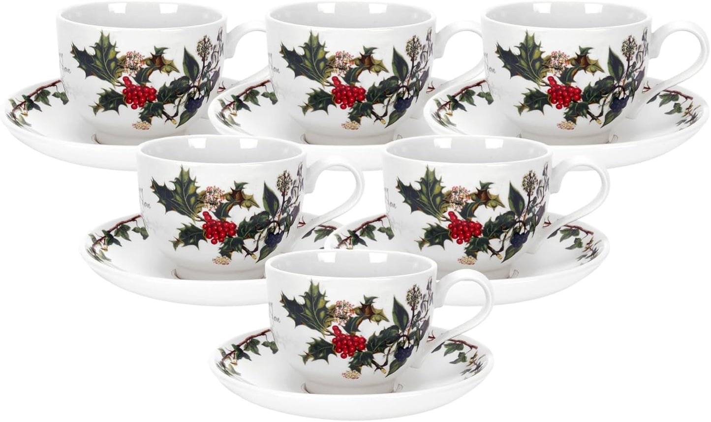 Portmeirion Holly and Ivy 7 oz Holiday Teacup and Saucer Set (Set of 6) - Earthenware Holly Motif, Festive Tableware for Christmas Tea Parties, Elegant Seasonal Gifts - Dishwasher & Microwave Safe