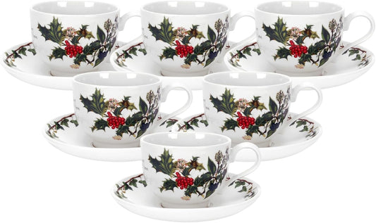 Portmeirion Holly and Ivy 7 oz Holiday Teacup and Saucer Set (Set of 6) - Earthenware Holly Motif, Festive Tableware for Christmas Tea Parties, Elegant Seasonal Gifts - Dishwasher & Microwave Safe