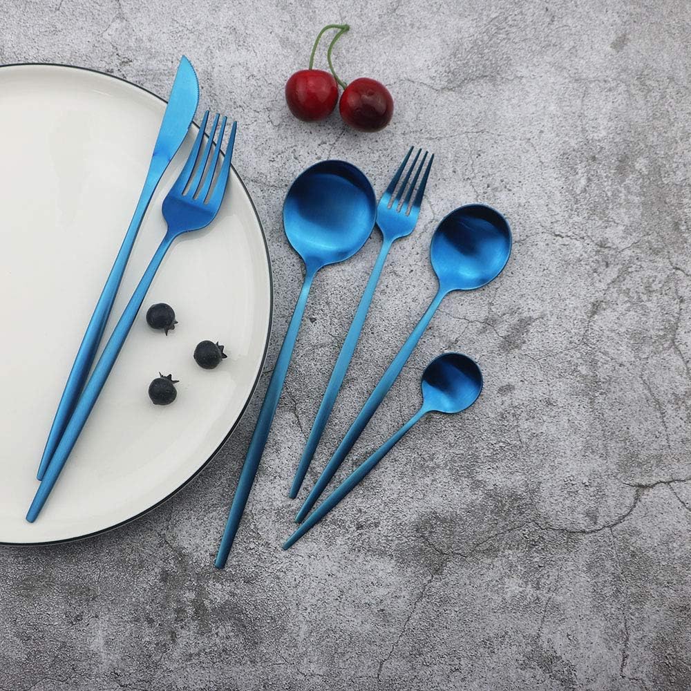JASHII Flatware Silverware Set Stainless Steel Satin Finish Cutlery Set Service for 6, 30-Piece Spoons And Forks Kitchen Utensil Set, Dishwasher Safe (Matte Blue)