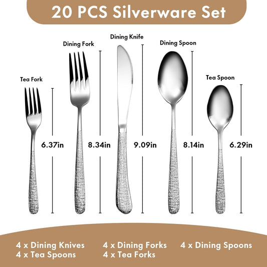 20pcs Silverware Set for 4, 18/10 Stainless Steel Material Flatware Set, High-grade Luxury Unique Texture Cutlery Set, Mirror Polished Utensil Set, Sturdy Durable Spoons and Forks Set, Dishwasher Safe