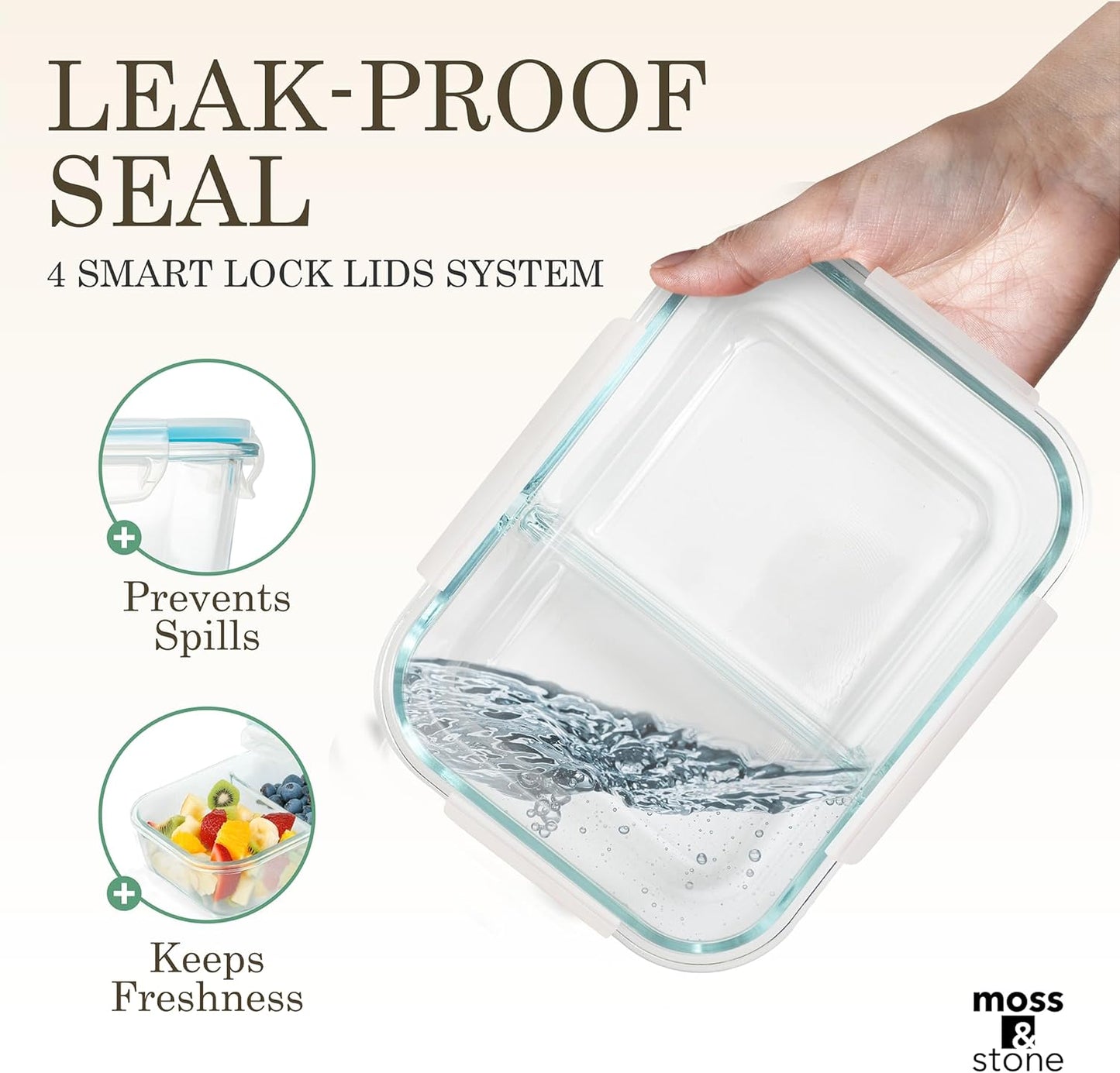 Moss & Stone 4-Pack Divided Kitchen Glass Food Storage Containers Set with Lids – Reusable 2-Compartment Glass Meal Prep Containers for Kitchen, Lunch or Fridge, Airtight Snap-Lock – 2 Sizes Included