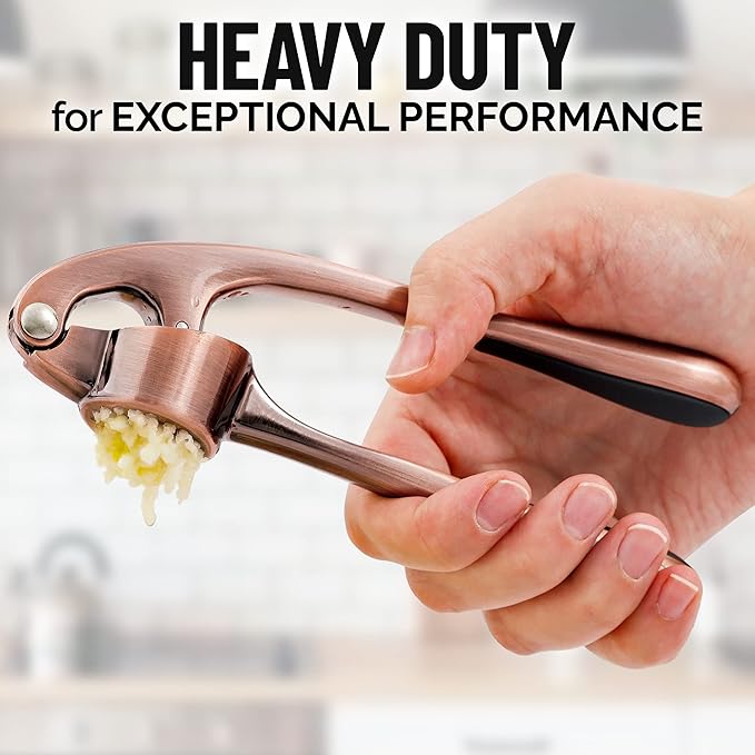 Zulay Kitchen Premium Garlic Press Set - Rust Proof & Dishwasher Safe Professional Garlic Mincer Tool - Easy-Squeeze, Easy-Clean with Soft, Ergonomic Handle - Silicone Garlic Peeler & Brush (Copper)