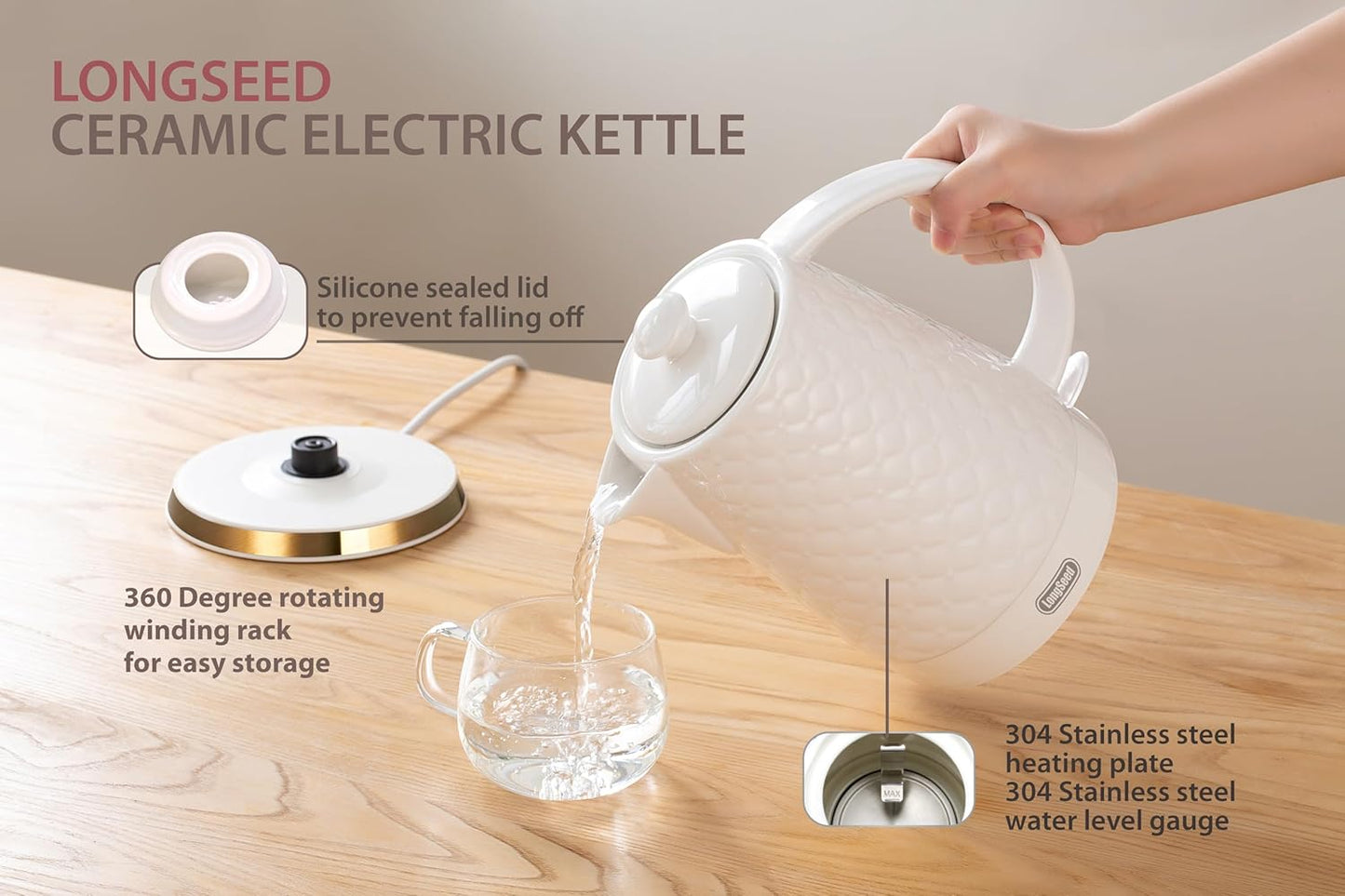 Ceramic Electric Kettle, 1.5L/1200W Boil Water Quickly and Easily with Boil-Dry Protection Auto Shut Off, Detachable Swivel Base, White Relief Carving