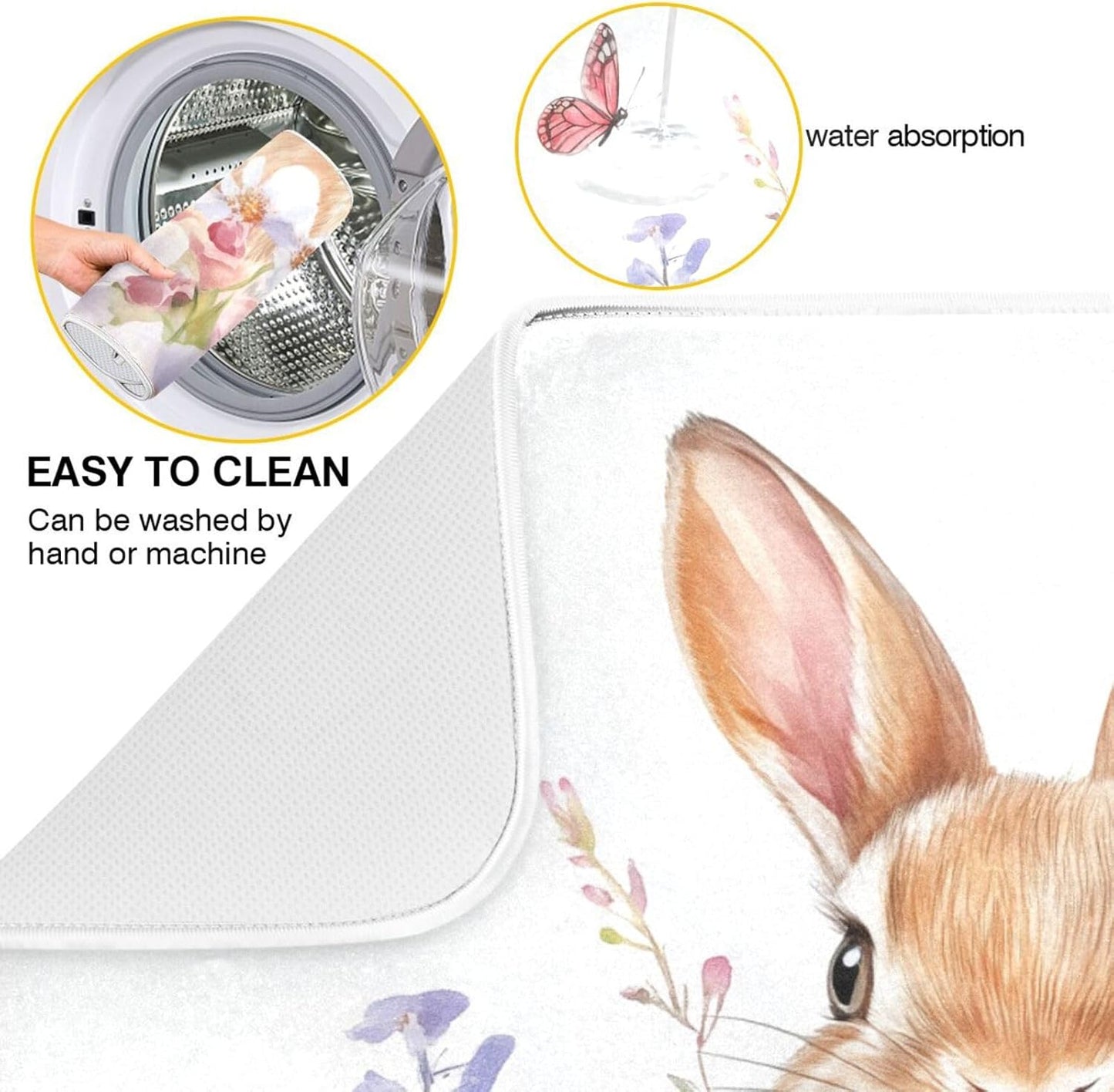 Cute Bunny and Blooming Flowers Dish Drying Mat Super Absorbent Drying Mat 16x18 inch Large Dish Drying Mats for Kitchen Counter Dish Drying Pads Kitchen Drying Matt for Countertop