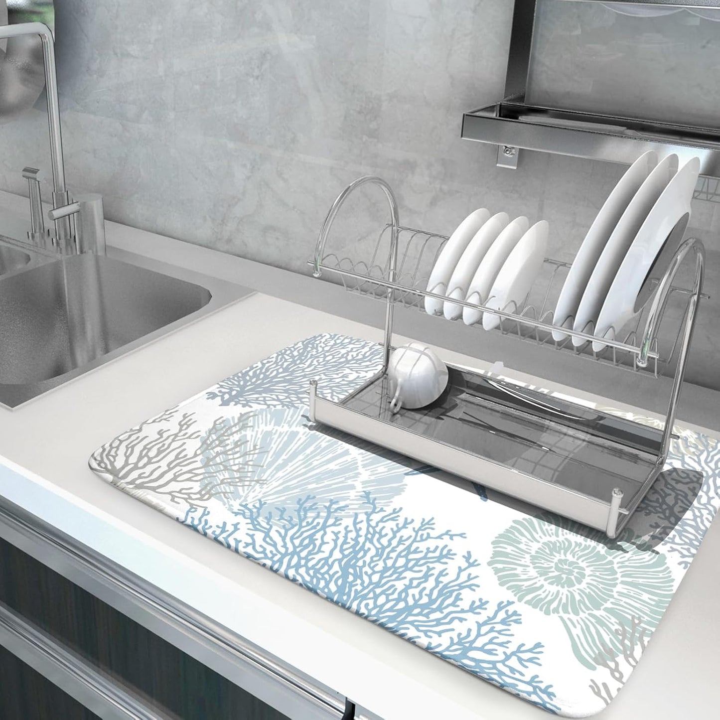 Coastal Dish Drying Mats for Kitchen Counter Large Drying Mat for Dishes Microfiber Sea Star Coral Nautical Dish Rack Mat Summer Drainer Pad Washable Foldable Ultra Absorbent Dry Mat 18×24 Inch