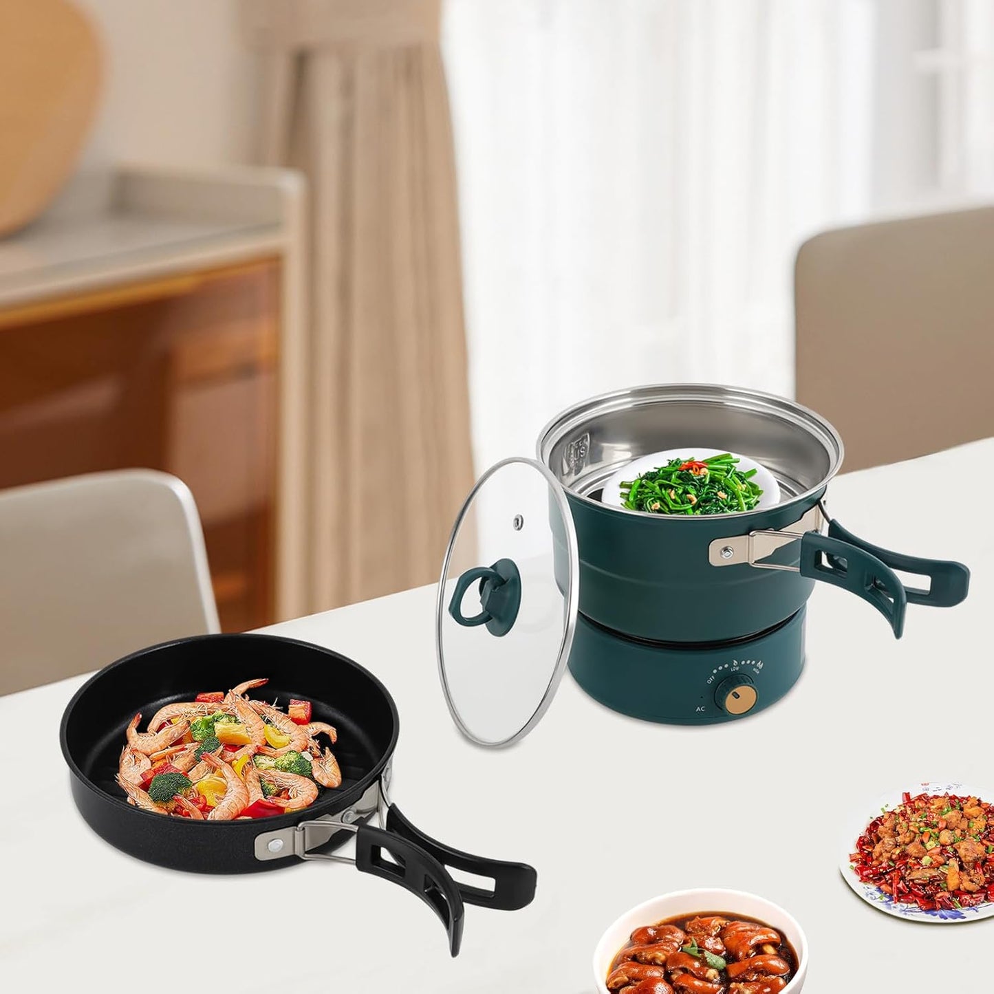 500W 0.42 Gal Portable Electric Hot Pot with Foldable Handles, Multi-function Non-stick Mini Cooker for Ramen Soup Pasta Steak, Power Adjustment & 110V Personal Travel Hot Pot Cooker (Green)