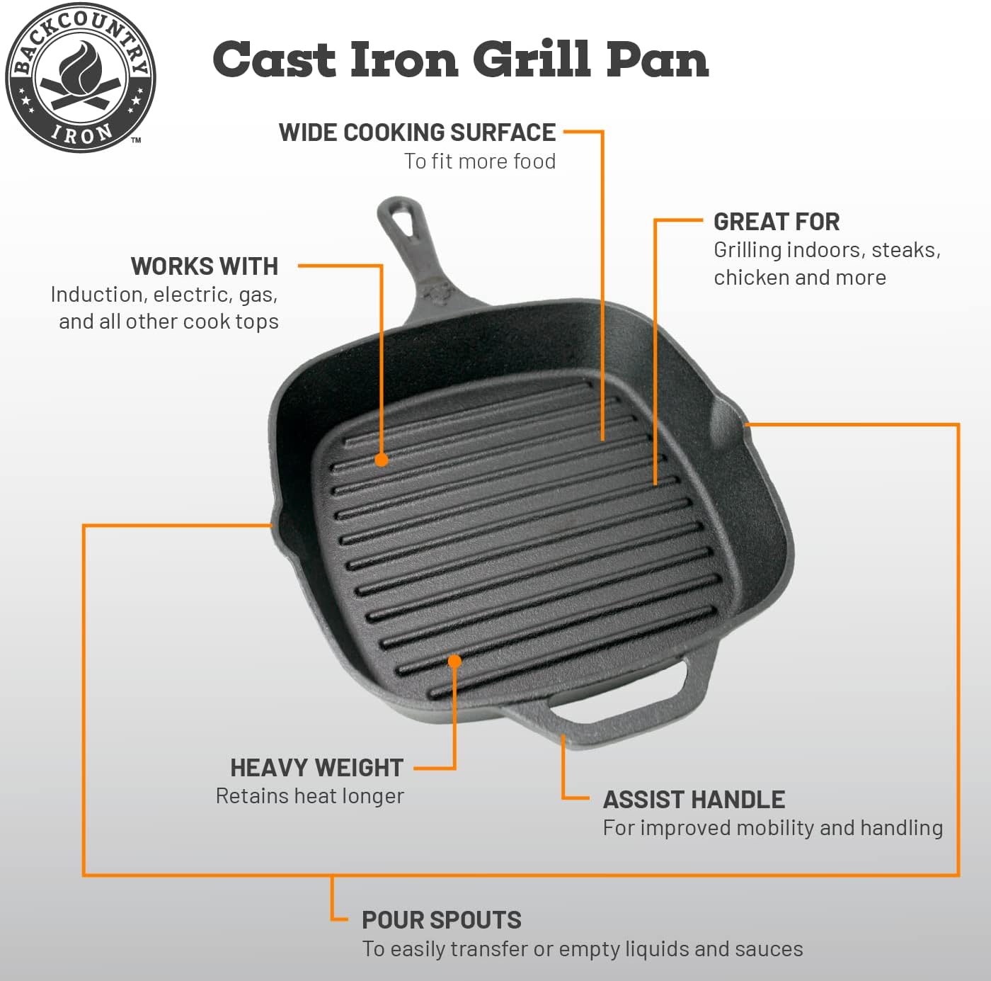 Backcountry Iron 12 Inch Square Grill Pan Large Pre-Seasoned Cast Iron