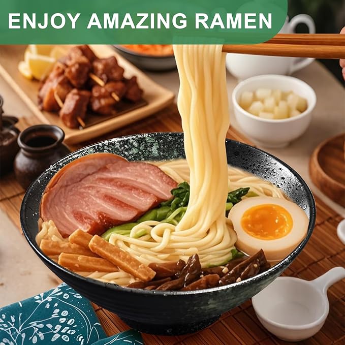 8-Inch Ceramic Ramen Bowl Set of 4 (17 Piece) - Porcelain Japanese Salad Noodles Cereal Fruit Pasta Soup Large Bowls with Recipes Chopsticks Forks Spoons for Men Women Gift Microwave Dishwasher Safe
