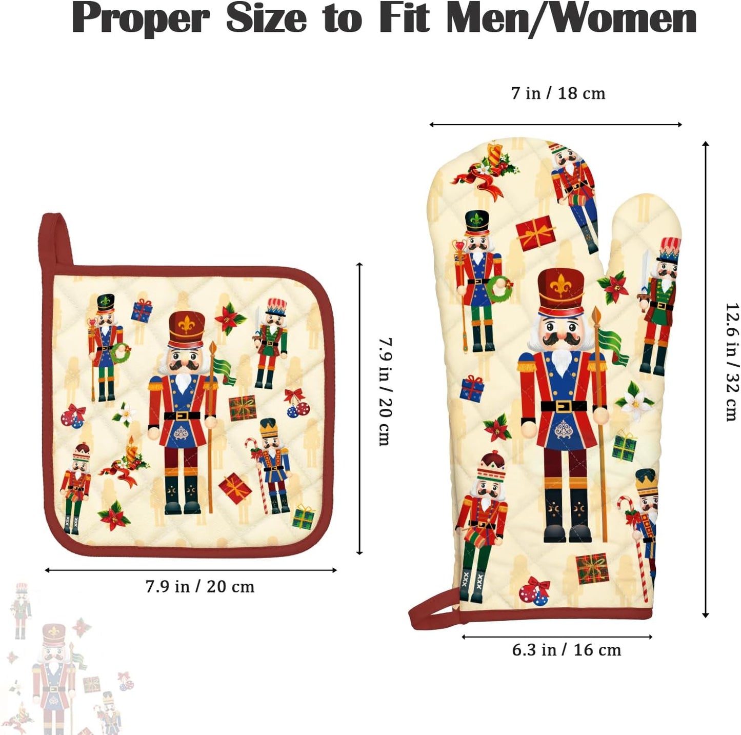 Christmas Nutcracker Oven Mitts and Pot Holders Sets 4Pcs, 100% Cotton Heat Resistant, Extra Long Oven Gloves Potholder for Kitchen Cooking Baking Decoration