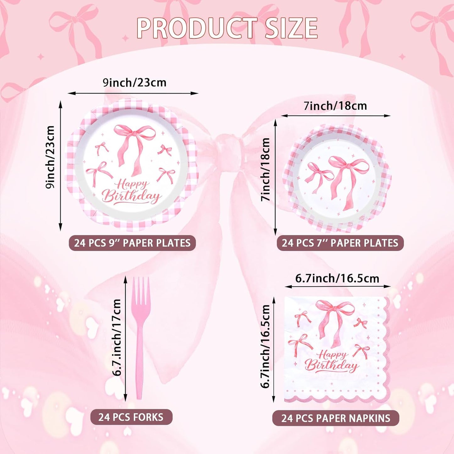96 Pieces Pink Happy Birthday Tableware Set Party Supplies – Scalloped Bow and Gingham Themed Disposable Dinnerware with Paper Plates, Napkins, and Forks for Girls Birthday Celebrations – Serves 24