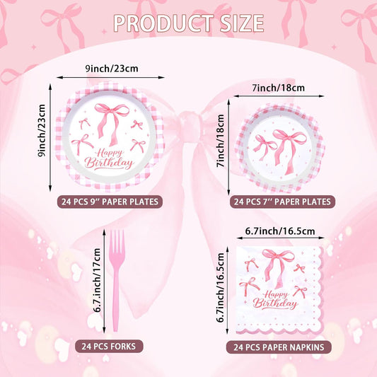 96 Pieces Pink Happy Birthday Tableware Set Party Supplies – Scalloped Bow and Gingham Themed Disposable Dinnerware with Paper Plates, Napkins, and Forks for Girls Birthday Celebrations – Serves 24