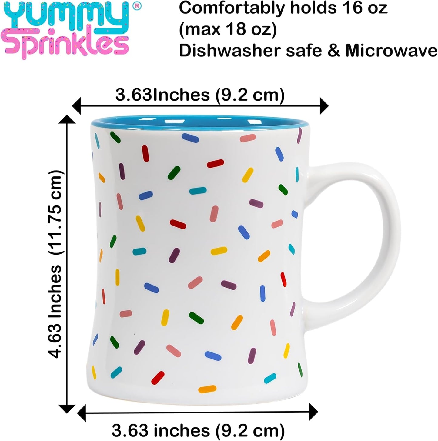 Mug | Denim Blue Cute Coffee Mug with Rainbow Sprinkles | Birthday Cake Coffee Cup Gift | White Ceramic Cup with Green, Yellow, Red, Pink, and Blue Sprinkles | Fun Colorful Pattern