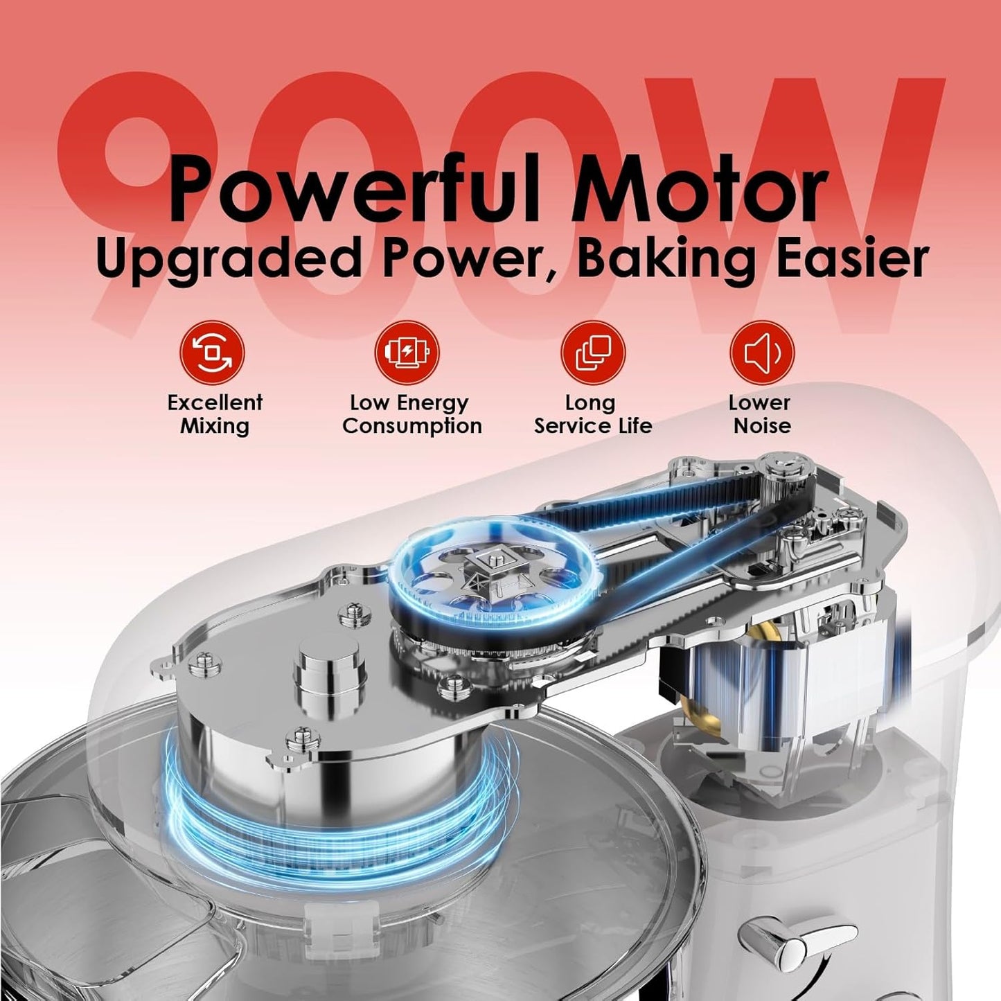 Kitchen in the box Stand Mixer - 8.5 Quart Giant Capacity Mixing Bowl, 900 Watt Powerful Heavy Bread Dough Standing Mixers Tilt-head with Dough Hook, Whisk, Flat Beater and Splash Guard (Red)