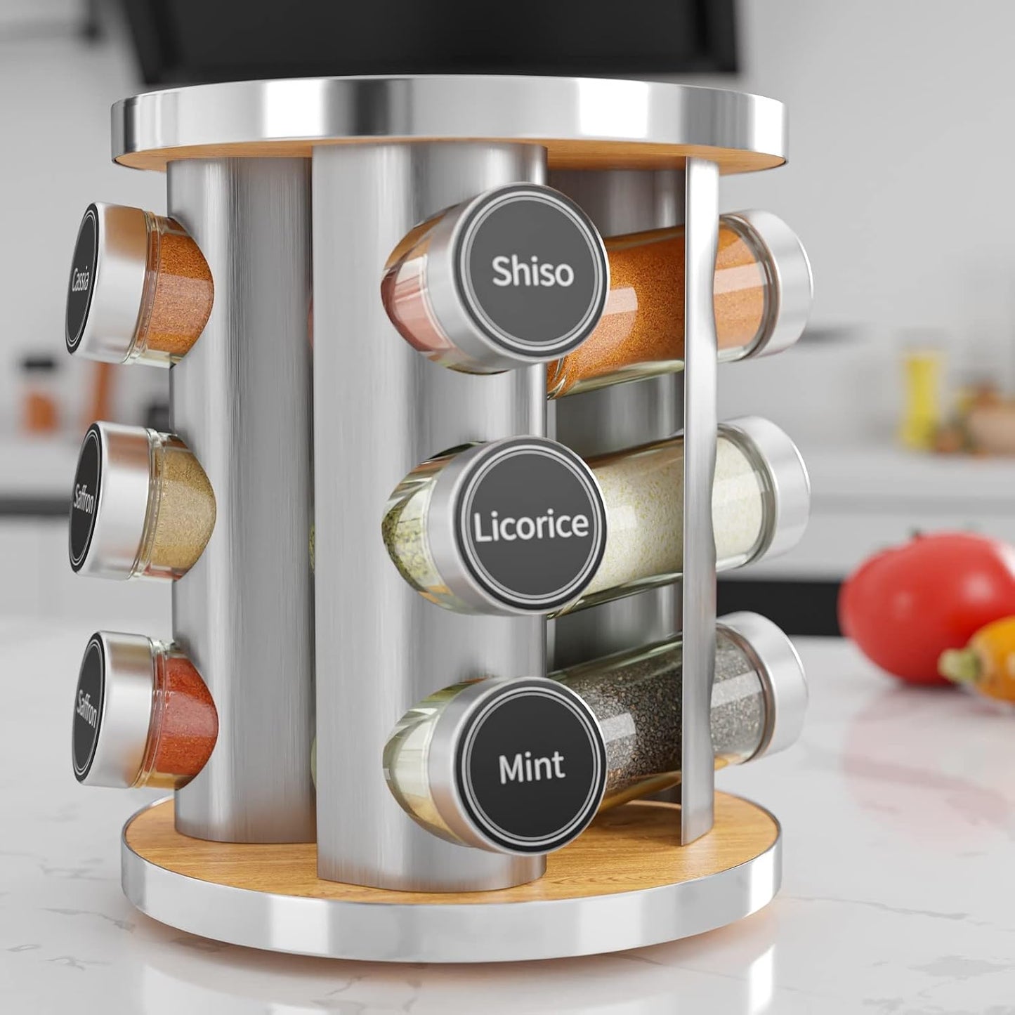 New England Stories Revolving Spice Rack Set with 12 Spice Jars, Kitchen Spice Tower Organizer for Countertop or Cabinet - Carousel Storage Includes 386 Spice Labels