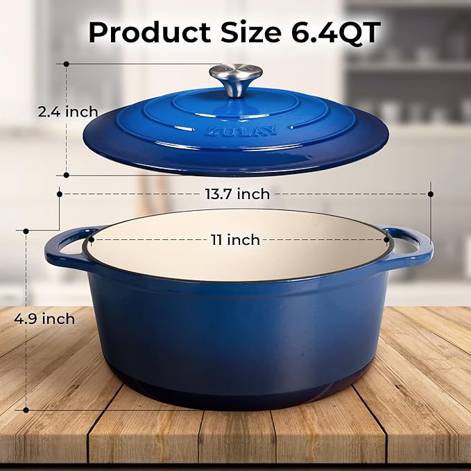 Zulay Kitchen 6 Quart Enameled Cast Iron Dutch Oven Pot with Lid – Premium Durability & Oven Safe up to 500°F – Heavy Duty Cookware Perfect for Bread Baking, Stews, Braising & Roasting – Blue